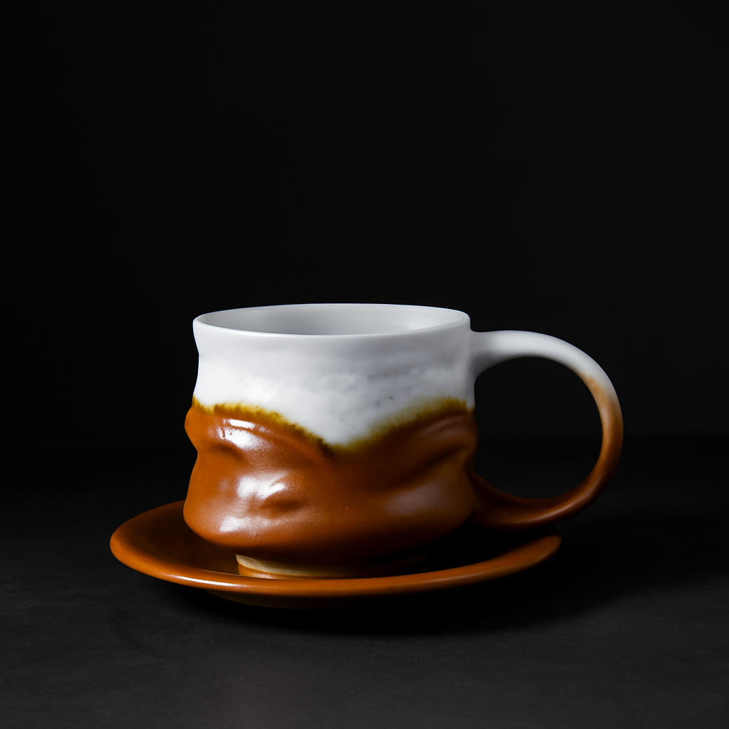 Irregular Curved Ceramic Coffee Cup  Burnt yellow